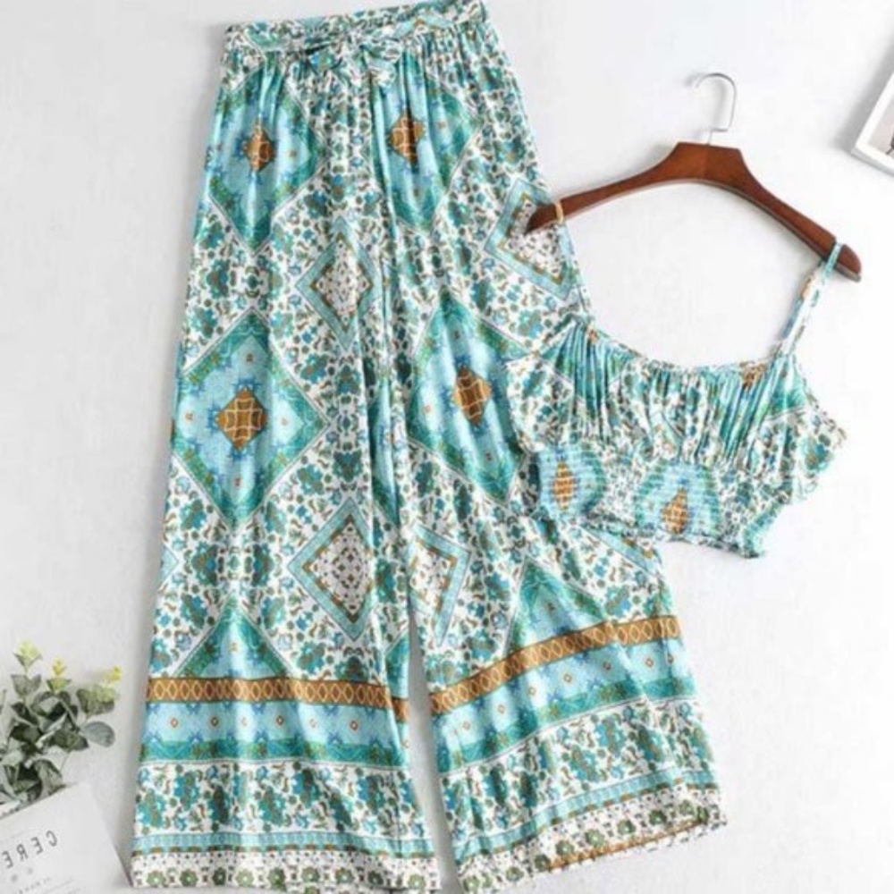 mint boho floral print crop top wide leg pants set - Picture 6 of 6